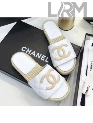 Chanel CC Logo Lambskin Espadrilles Mules Sandals G35603 White/Beige 2020