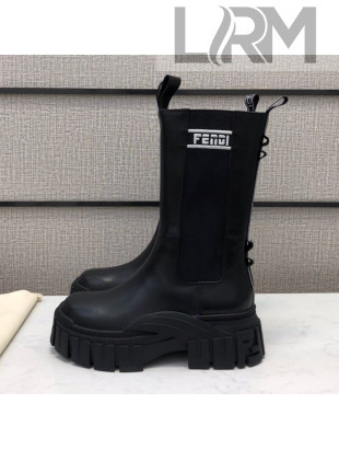 Fendi Calfskin Platform Short Boots with FENDI Embroidered Black/White 2020
