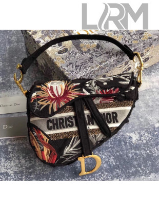 Dior Black Camouflage Embroidery with Multicolor Flowers Saddle Bag 2020