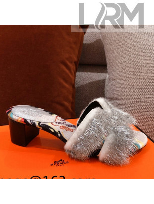 Hermes Oran Mink Fur Heeled Slide Sandals 4.5cm Grey/White 2021