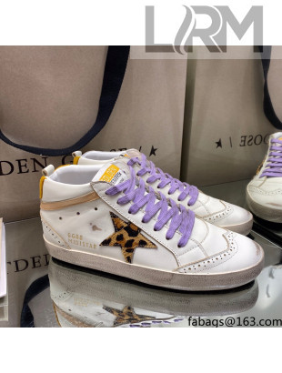 Golden Goose Mid-Star Sneakers in White Leather with Leopard-print Star 2021
