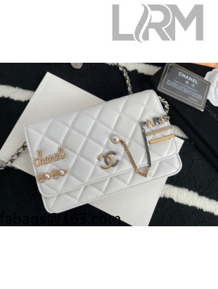 Chanel Lambskin Wallet on Chain WOC with Logo Charm White 2021