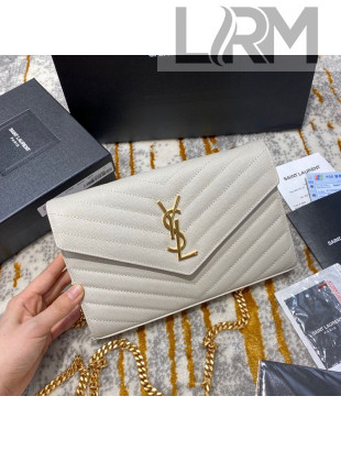 Saint Laurent Monogram Chain Wallet in Grained Leather 377828 White/Gold 2021