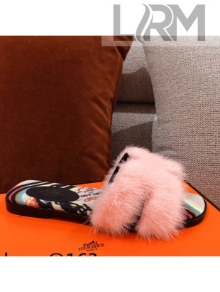 Hermes Oran Mink Fur Flat Slide Sandals Light Pink 2021