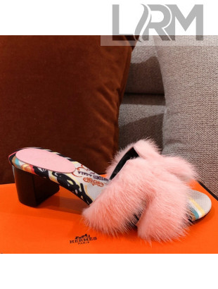 Hermes Oran Mink Fur Heeled Slide Sandals Light Pink 2021