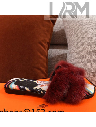Hermes Oran Mink Fur Flat Slide Sandals Burgundy 2021