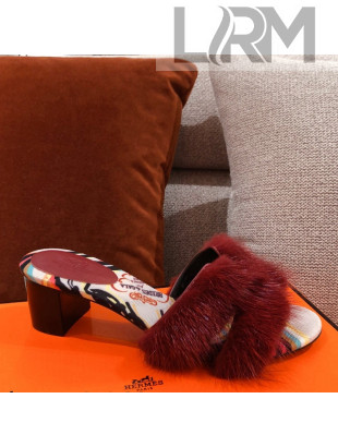 Hermes Oran Mink Fur Heeled Slide Sandals Burgundy 2021