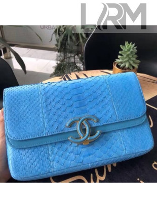 Chanel Medium Python Leather & Lambskin Double Flap Bag A57276 Blue 2018