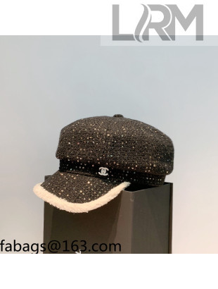 Chanel Shearling and Tweed Octagonal Hat Black 2021