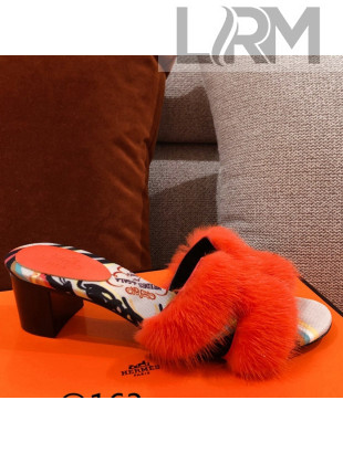 Hermes Oran Mink Fur Heeled Slide Sandals Orange 2021