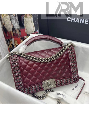 Chanel Wax Leather Medium Boy Flap Bag with Chain and Top Handle Burgundy 2021