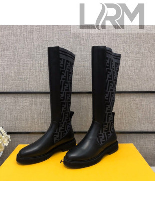 Fendi Calfskin FF Knit Sock Medium High Boots Black/Grey 2020
