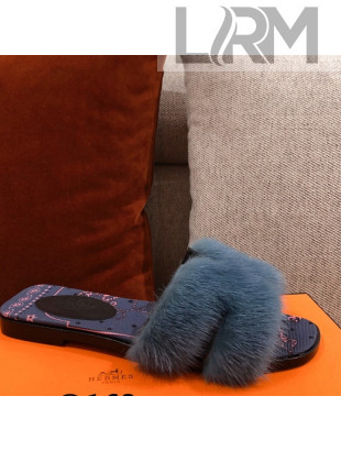 Hermes Oran Mink Fur Flat Slide Sandals Dark Blue 2021