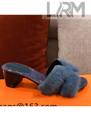 Hermes Oran Mink Fur Heeled Slide Sandals Dark Blue 2021