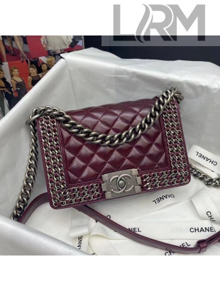 Chanel Quilted Wax Leather Small Boy Flap Bag with Chain Charm A67085 Burgundy 2021