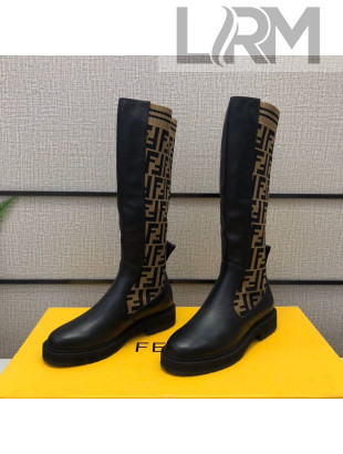 Fendi Calfskin FF Knit Sock Medium High Boots Black/Brown 2020