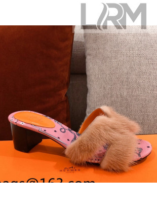 Hermes Oran Mink Fur Heeled Slide Sandals Camel Brown 2021