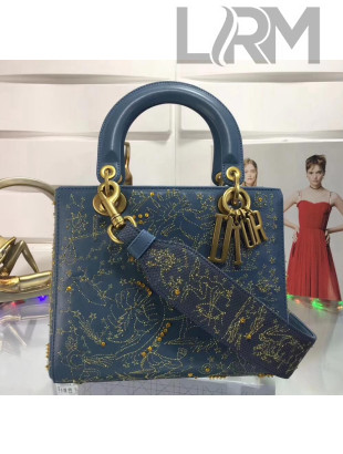 Dior Lady Dior Supple bag Embroidered with Gold Thread Denim Blue 2018