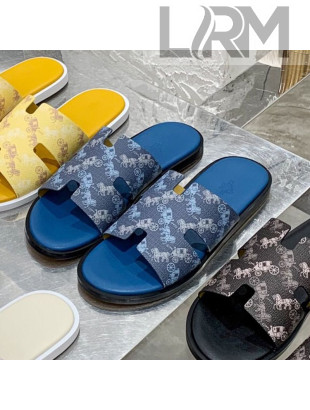 Hermes Men's Izmir Printed Leather Flat Slide Sandals Blue 2021