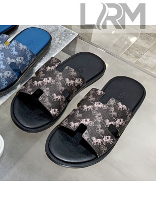 Hermes Men's Izmir Printed Leather Flat Slide Sandals Black/Grey 2021