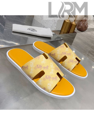 Hermes Men's Izmir Printed Leather Flat Slide Sandals Yellow 2021