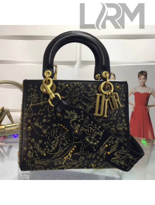 Dior Lady Dior Supple bag Embroidered with Gold Thread Black 2018