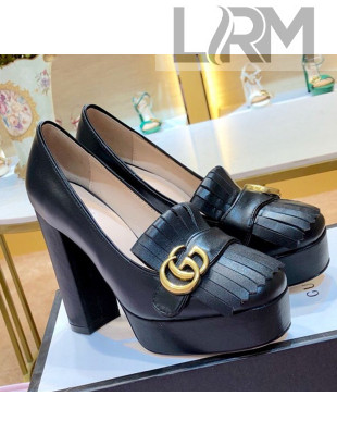 Gucci Calfskin Leather Heel Platform Pump with Fringe 573019 Black 2019