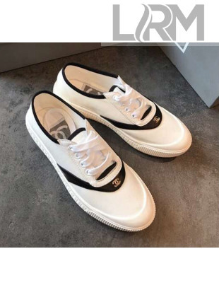Chanel White Fabric Sneaker with Black Lambskin Leather Trim 2019