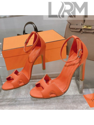 Hermes Premiere Grained Leather Heel 10.5cm Sandals Orange 2021 11