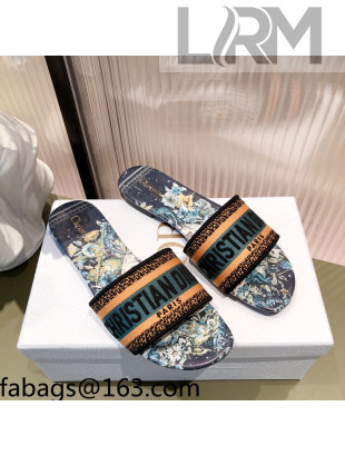 Dior Dway Flat Slide Sandals in  Zodiac Embroidered Cotton Multicolor/Blue 2021