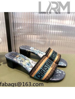 Dior Dway Heeled Slide Sandals in Zodiac Embroidered Cotton Multicolor/Blue 2021