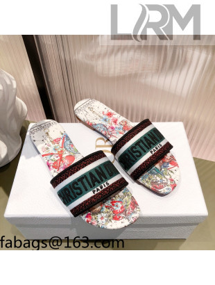 Dior Dway Flat Slide Sandals in Zodiac Embroidered Cotton Multicolor/Pink 2021