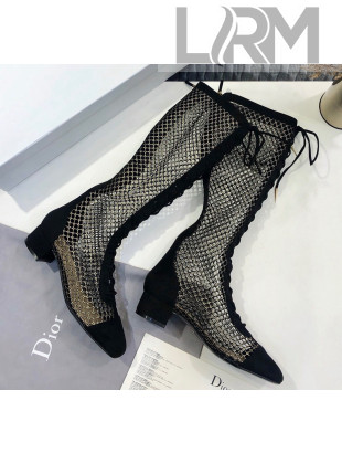 Dior Naughtily-D High Boot in Metallic Gold-Tone Fishnet and Black Suede Calfskin 2020