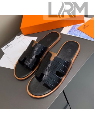 Hermes Men's Izmir Stone Leather Flat Slide Sandals Black 06 2021