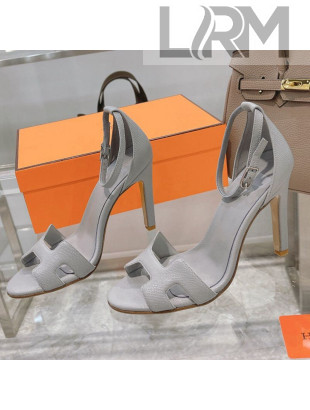 Hermes Premiere Grained Leather Heel 10.5cm Sandals Light Grey 2021 15