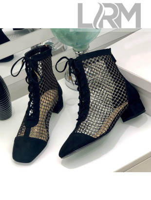 Dior Naughtily-D Ankle Boot in Metallic Gold-Tone Fishnet and Black Suede Calfskin 2020