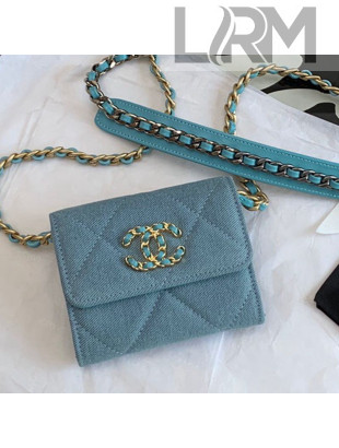 Chanel 19 Denim Flap Coin Purse Wallet with Chain AP1787 Blue 2021