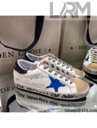 Golden Goose Super-Star Sneakers in White Leather with Black Heel Tab and Blue Star 2021