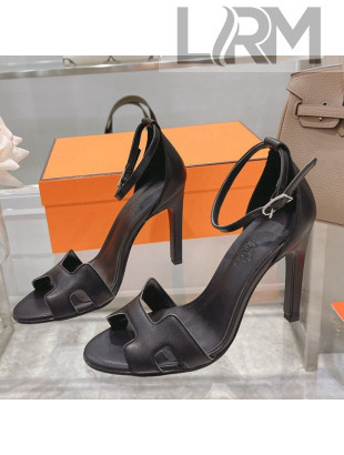 Hermes Premiere Smooth Leather Heel 10.5cm Sandals Black 2021 20