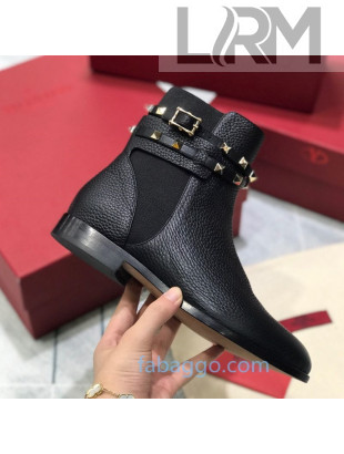 Valentino Rockstud Belt Grained Calfskin Flat Short Boots Black 2020