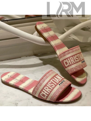 Dior Dway Flat Slide Sandals in Pink D-Stripes Embroidered Cotton 2021 42