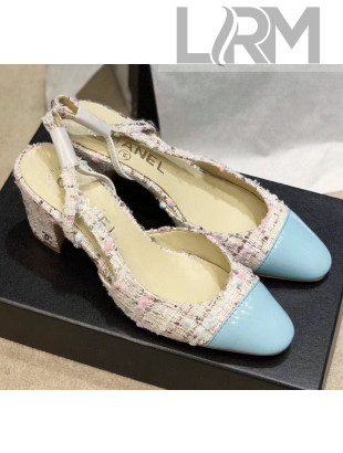 Chanel Slingbacks In Patent Leather & Tweed G31318 Beige/Blue 2020