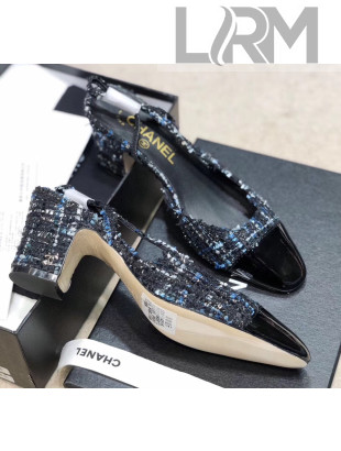 Chanel Slingbacks In Patent Leather & Tweed G31318 Black/Blue 2020