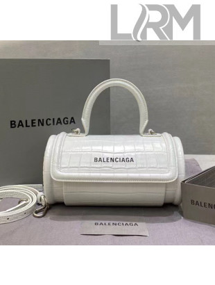 Balenciaga Round Cylindric Shoulder Bag in Crocodile Pattern Calfskin White 2020