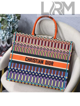 Dior Large Book Tote Bag in Multicolored Geometric Embroidered Canvas Orange 2019