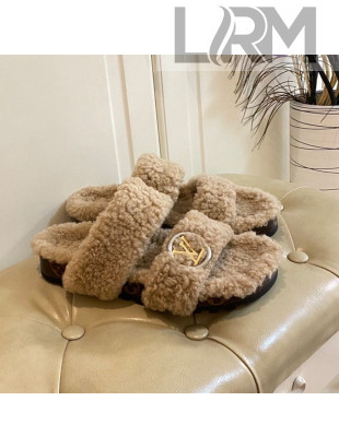 Louis Vuitton Bom Dia Shearling Wool Flat Mules Sandals Beige 2020