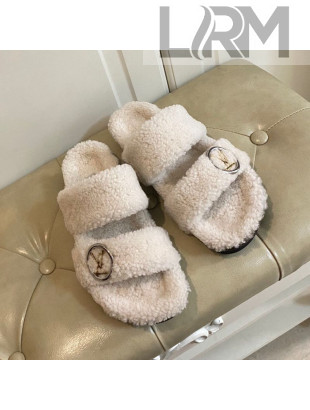 Louis Vuitton Bom Dia Shearling Wool Flat Mules Sandals White 2020