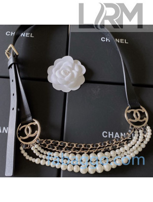 Chanel Calfskin Belt 20mm with Pearl and Chain Charm AA6799 Black 2020