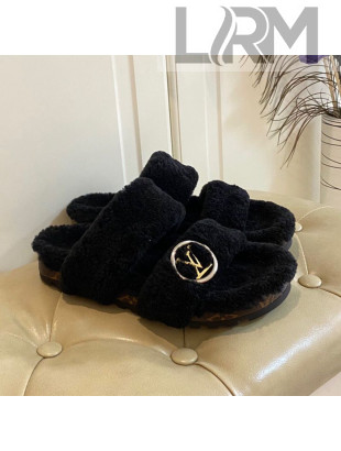 Louis Vuitton Bom Dia Shearling Wool Flat Mules Sandals Black 2020