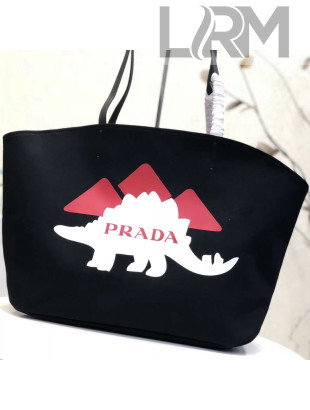 Prada Printed Canvas Large Tote with Dino Logo Print 1BG220 Black 2018